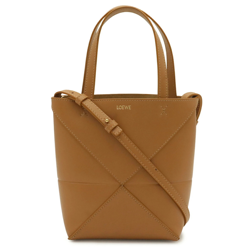 LOEWE Puzzle Fold Tote Mini Bag Handbag Shoulder Shiny Calf Warm Desert Camel...